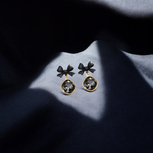 Black Bow Drop Earrings with Crystal Dangle