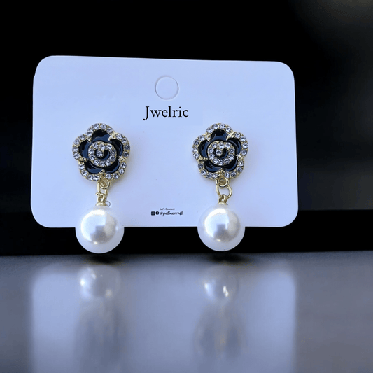 Jwelric Elegant Rose Stud Earrings with Pearl Charm