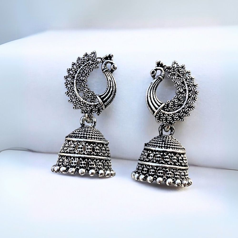 Peacock Jhumkas: Silver-Plated Oxidized Earrings