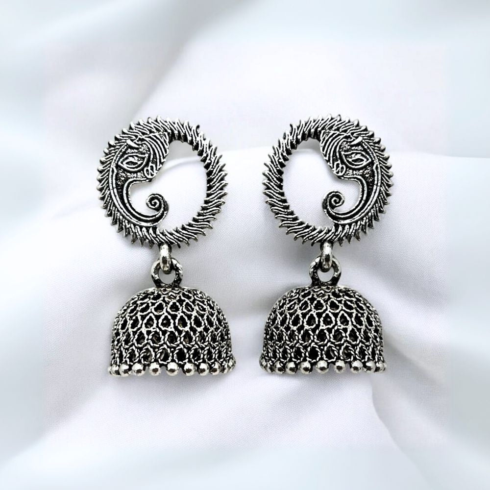 Oxidised Jhumka Earrings with Tribal Sun Design