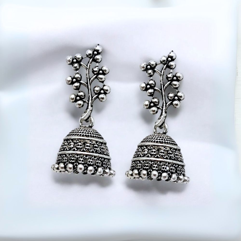 Elegant Floral Vine Oxidised Jhumka Earrings