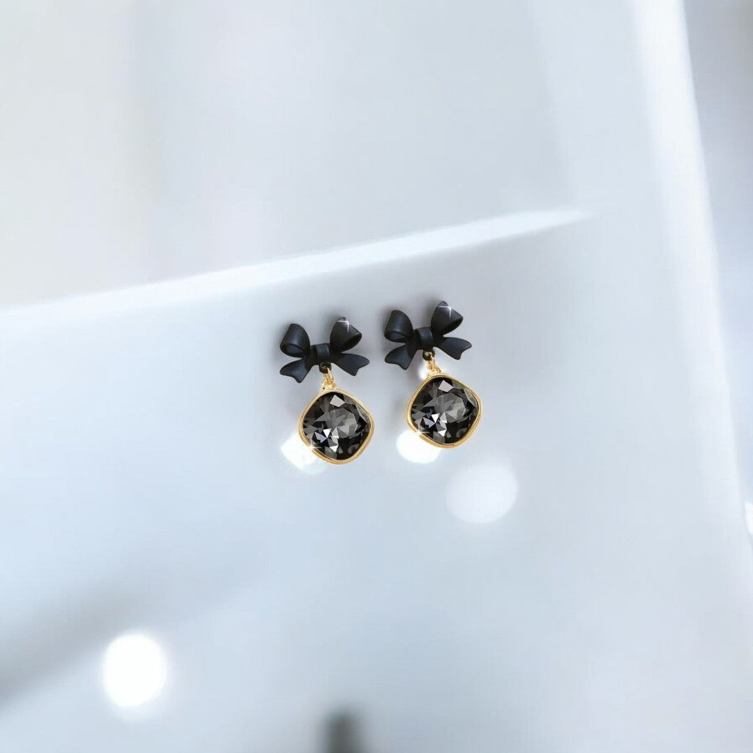 Black Bow Drop Earrings with Crystal Dangle