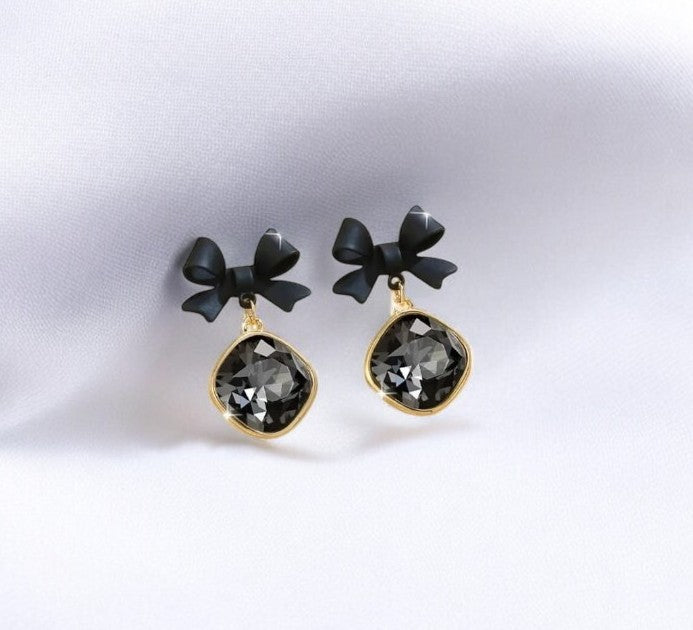 Black Bow Drop Earrings with Crystal Dangle
