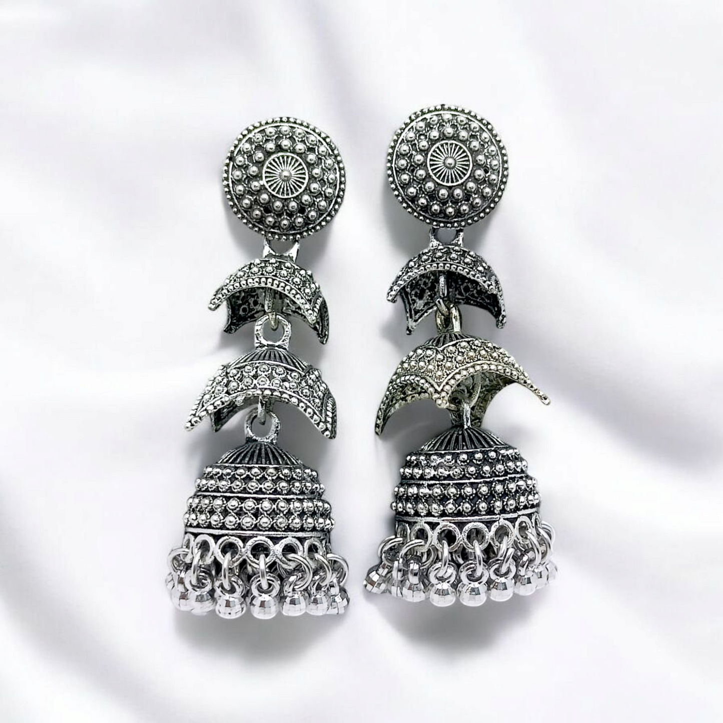Jwelric Oxidized Three-Layered Jhumkas with Intricate Design