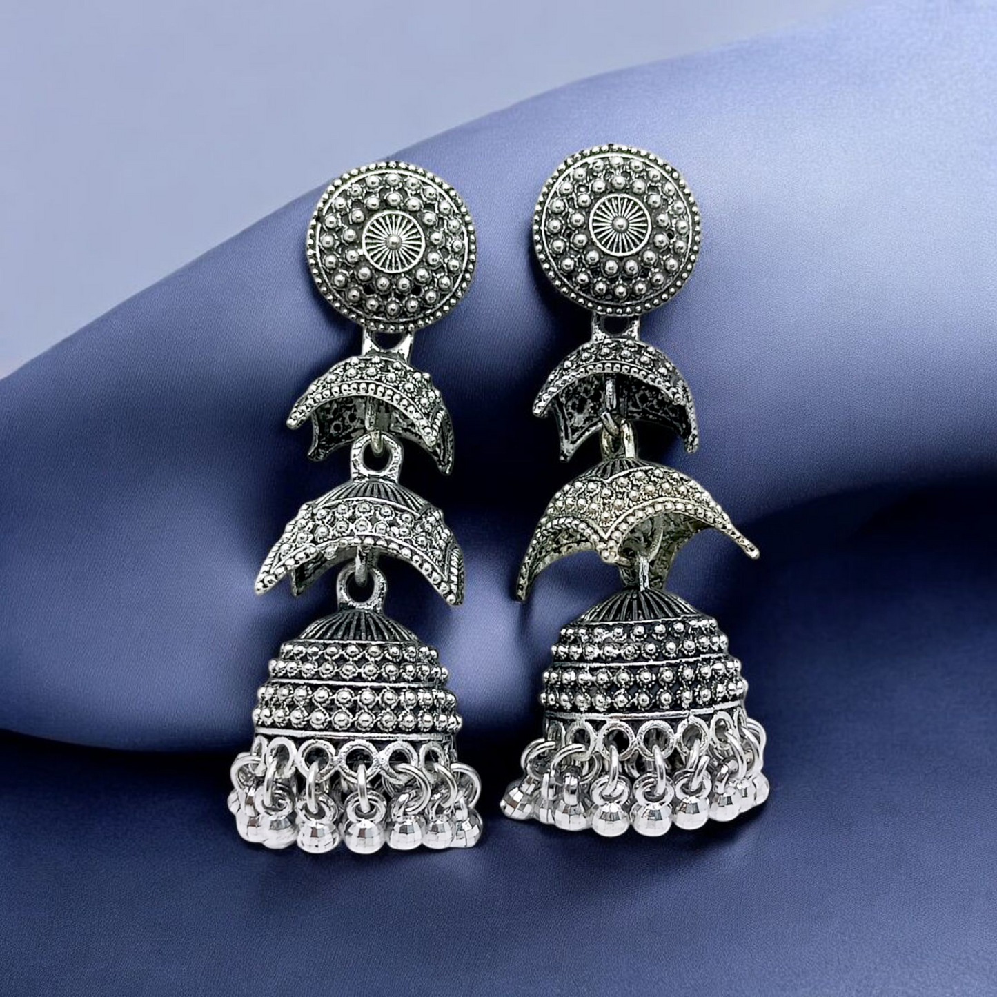 Jwelric Oxidized Three-Layered Jhumkas with Intricate Design