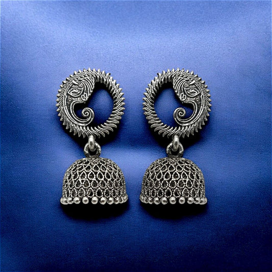 Oxidised Jhumka Earrings with Tribal Sun Design