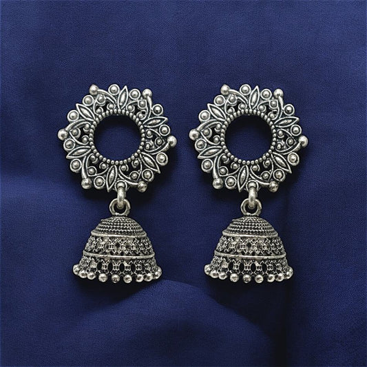 Antique Oxidised Jhumka Earrings with Floral Circle Design