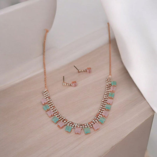 Jwelric Rhodium Plated Golden CZ Choker Necklace Set With Earing