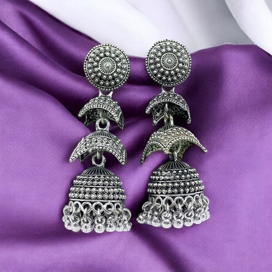 Jwelric Oxidized Three-Layered Jhumkas with Intricate Design
