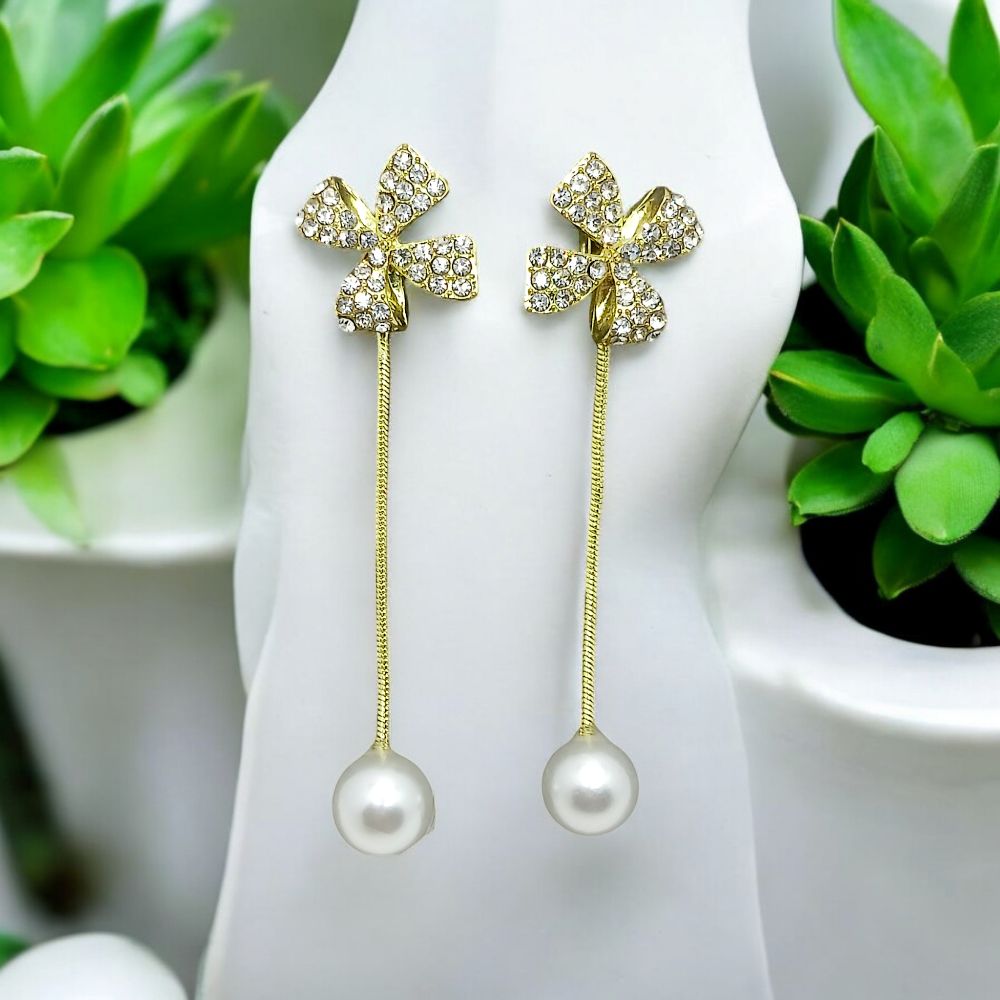 Jwelric Sparkling Flower Drop Earrings with Pearl Charm