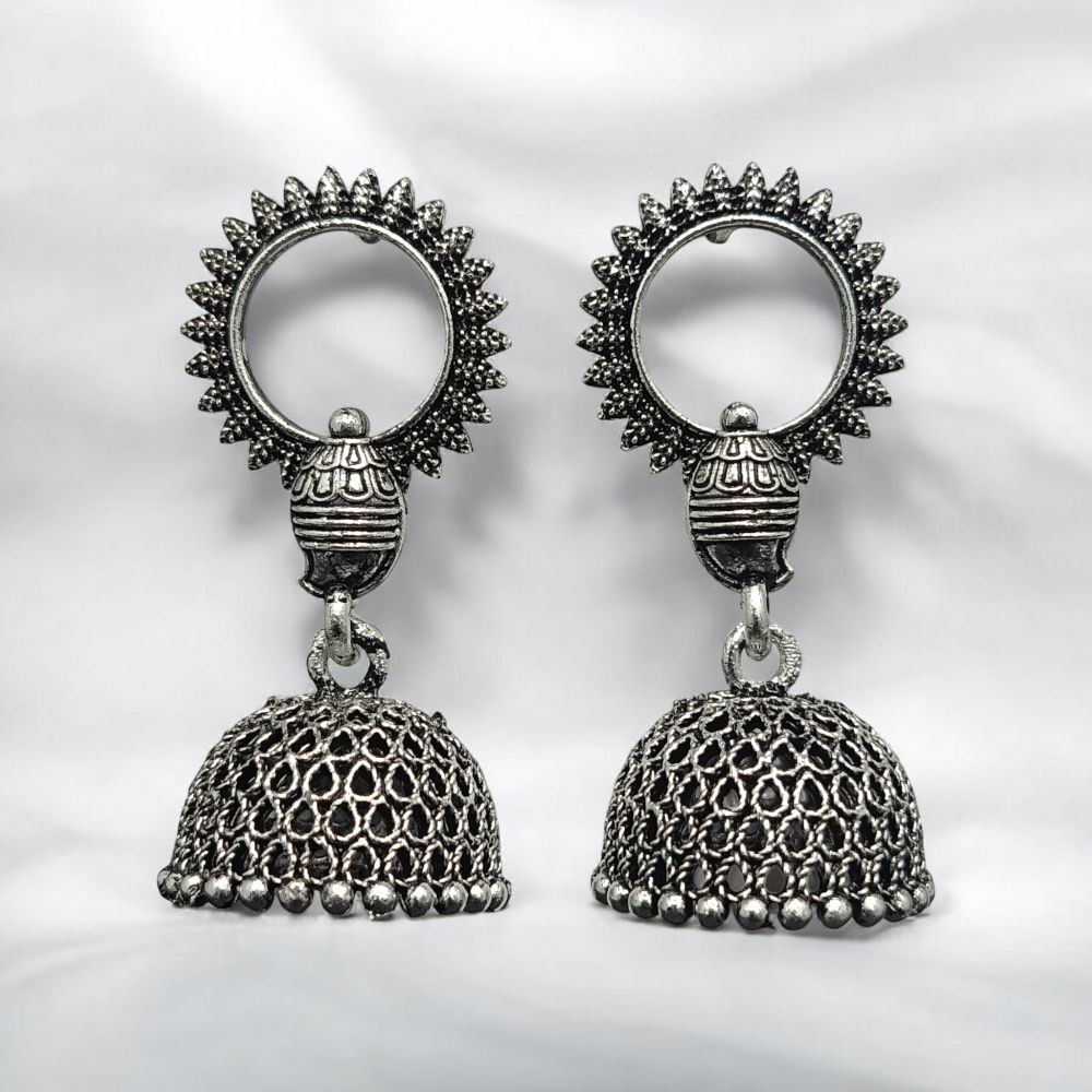 Oxidised Silver-Tone Sun Motif Jhumka Earrings | Antique Ethnic Jewellery