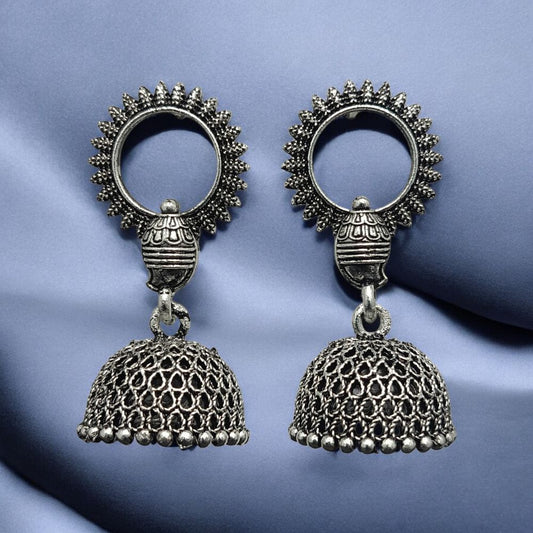 Oxidised Silver-Tone Sun Motif Jhumka Earrings | Antique Ethnic Jewellery