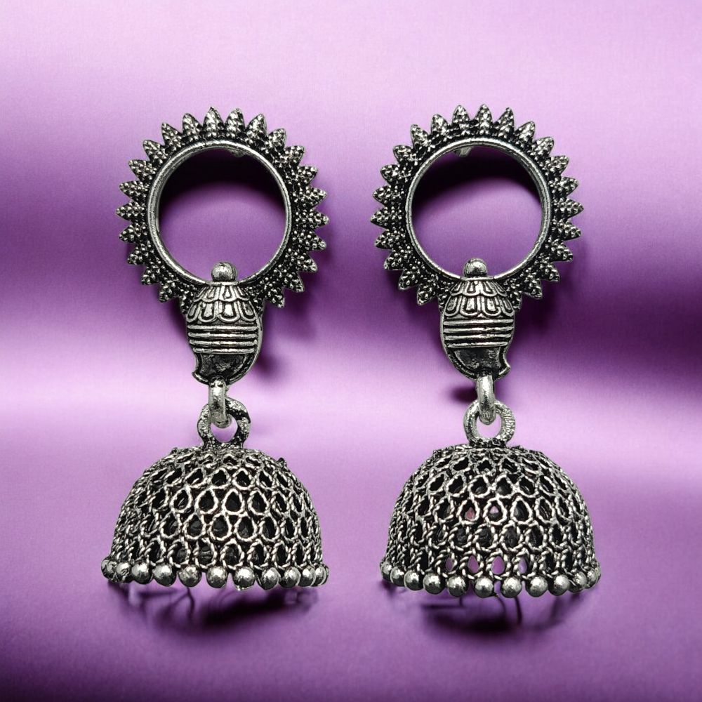 Oxidised Silver-Tone Sun Motif Jhumka Earrings | Antique Ethnic Jewellery
