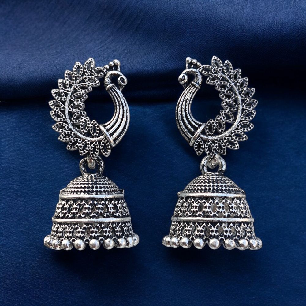 Peacock Jhumkas: Silver-Plated Oxidized Earrings