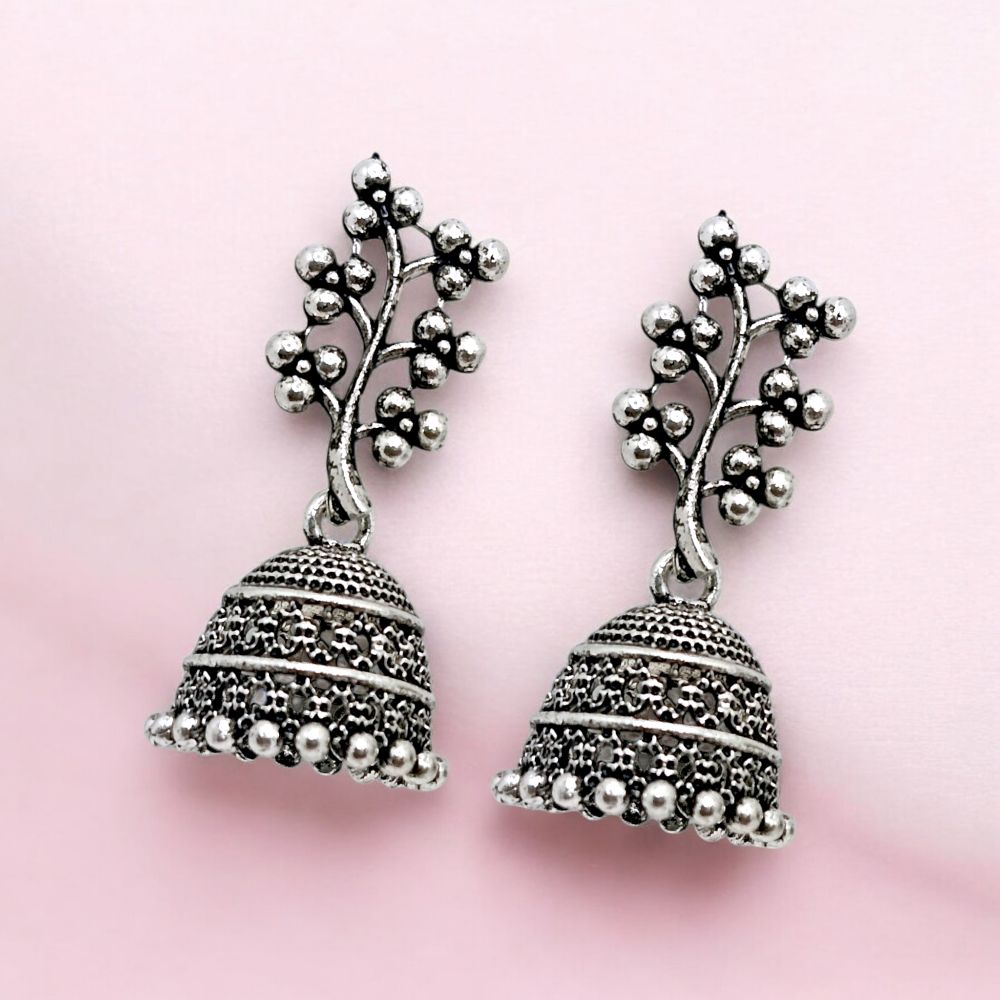 Elegant Floral Vine Oxidised Jhumka Earrings