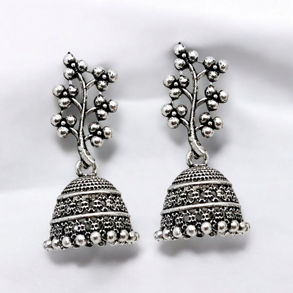 Elegant Floral Vine Oxidised Jhumka Earrings