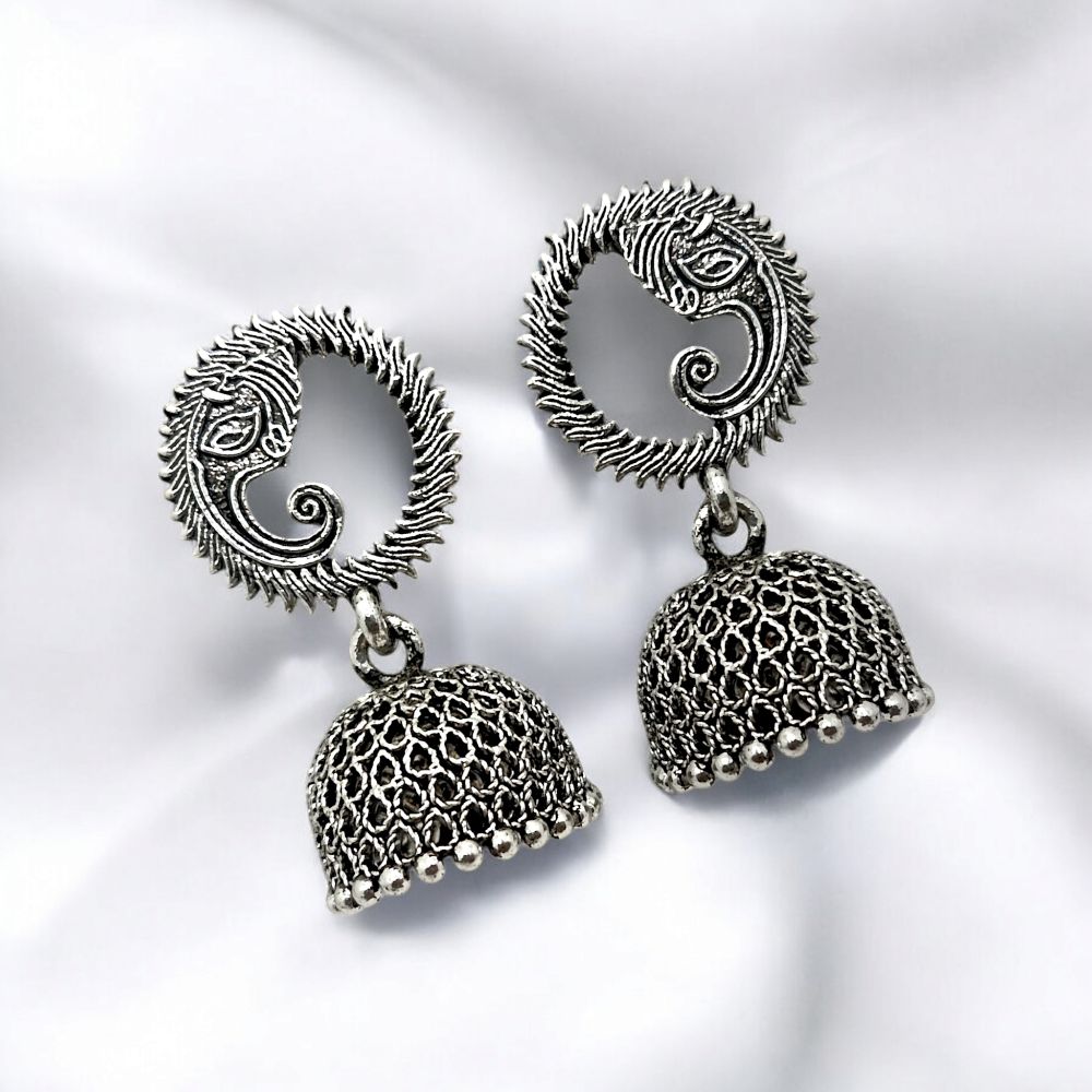 Oxidised Jhumka Earrings with Tribal Sun Design