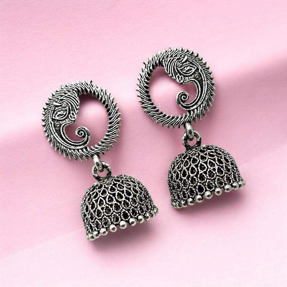 Oxidised Jhumka Earrings with Tribal Sun Design