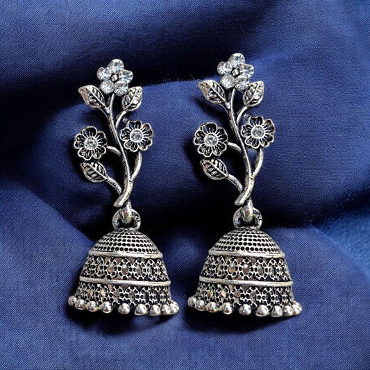 Jwelric Oxidized Silver Jhumkas with Flower and Leaf Design