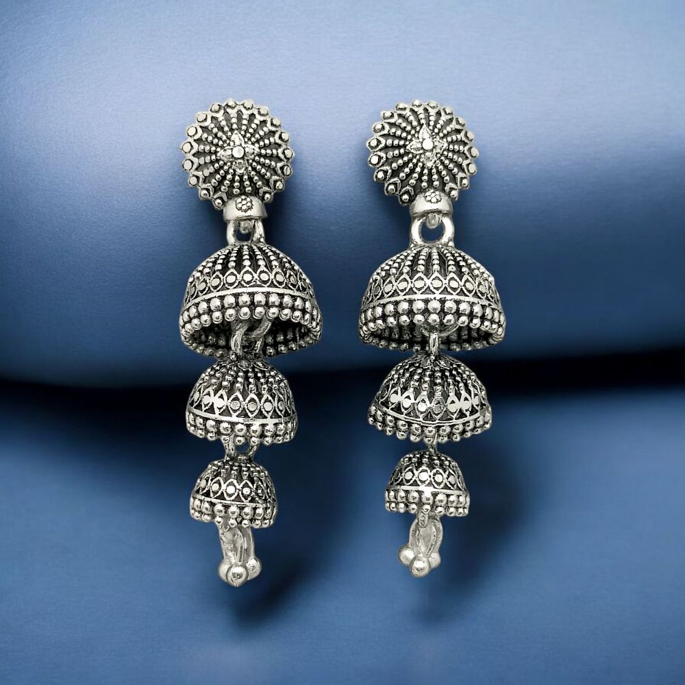 Elegant Triple-Tiered Oxidized Jhumka Earrings for Women