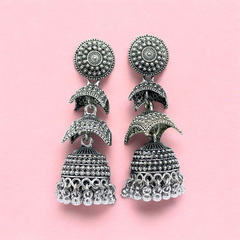 Jwelric Oxidized Three-Layered Jhumkas with Intricate Design