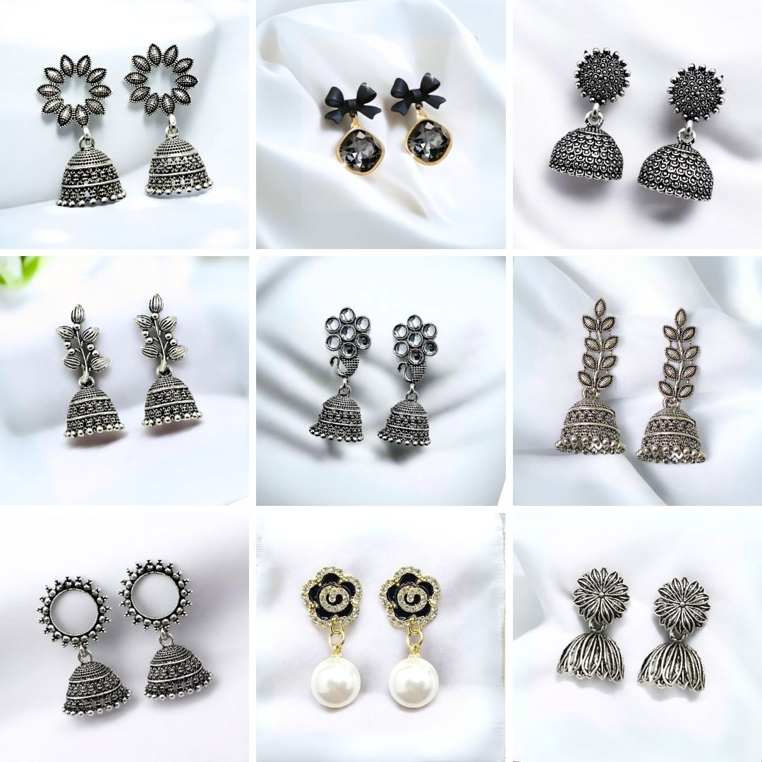 Set of 9 Oxidised & Gold-Plated Jhumka Earrings