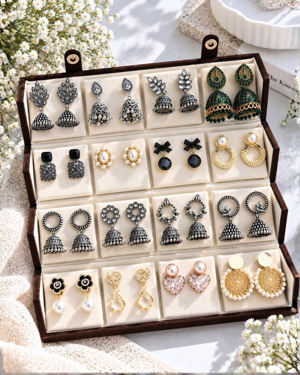 Jwelric 16 Pairs Korean & Traditional Jhumka Earrings Set with Brown Storage Box for Women