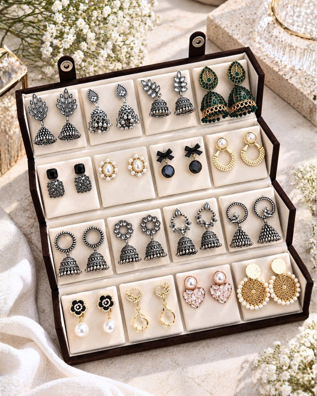 Jwelric 16 Pairs Korean & Traditional Jhumka Earrings Set with Brown Storage Box for Women
