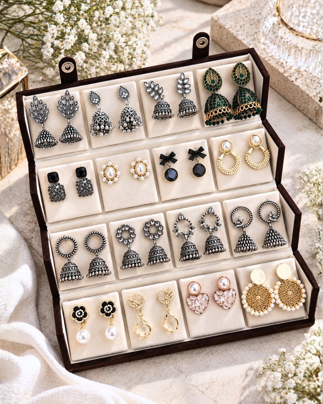 Jwelric 16 Pairs Korean & Traditional Jhumka Earrings Set with Brown Storage Box for Women