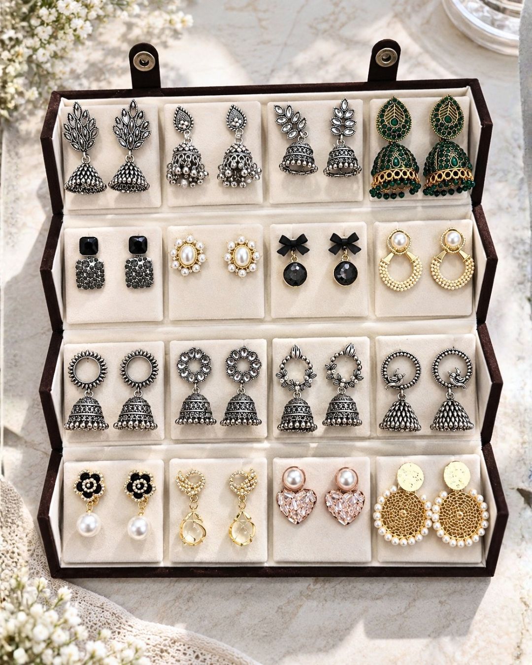 Jwelric 16 Pairs Korean & Traditional Jhumka Earrings Set with Brown Storage Box for Women