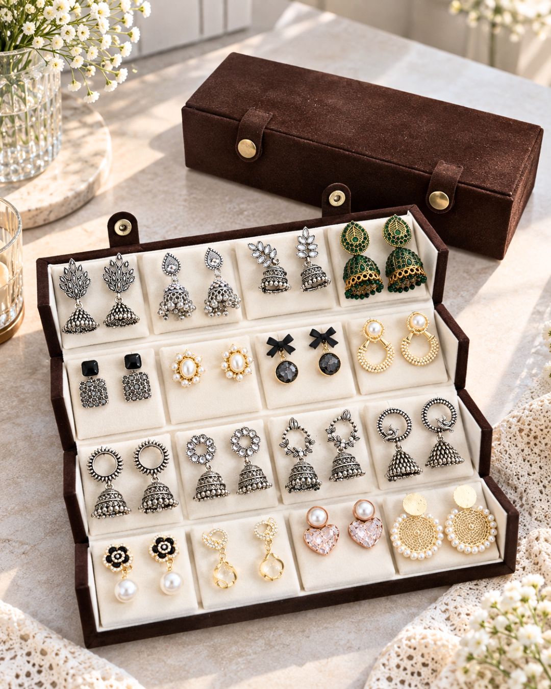 Jwelric 12 Pairs Women’s Earrings Set – Korean Style, Traditional Jhumkas Collection with Jewellery Storage Box