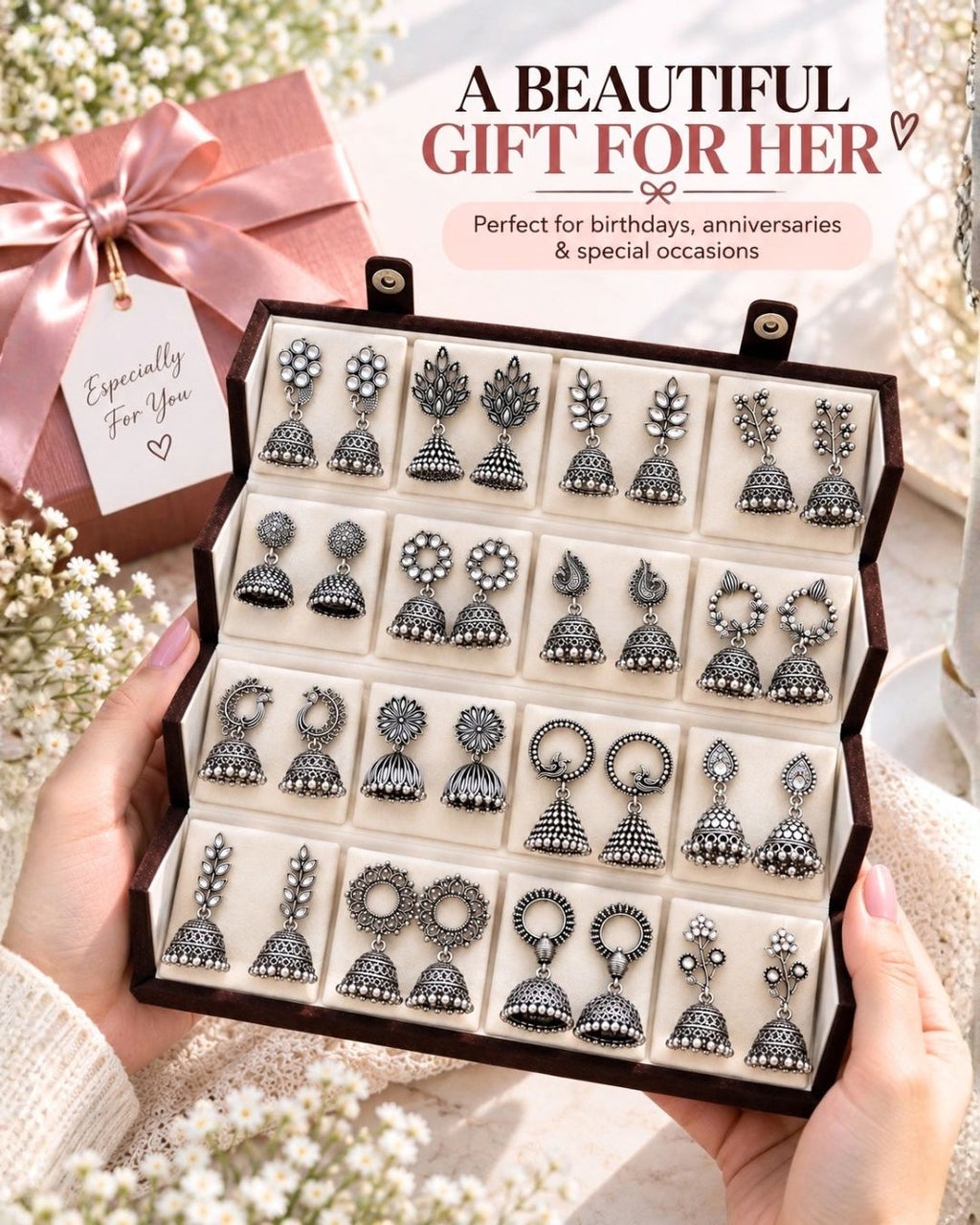 Jwelric 16 Pairs Oxidised Silver Jhumka Earrings Set