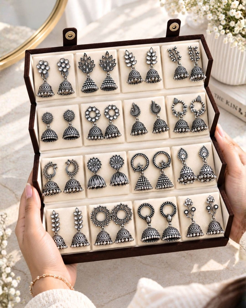 Jwelric 16 Pairs Oxidised Silver Jhumka Earrings Set