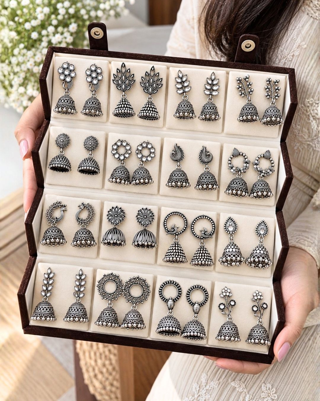 Jwelric 16 Pairs Oxidised Silver Jhumka Earrings Set