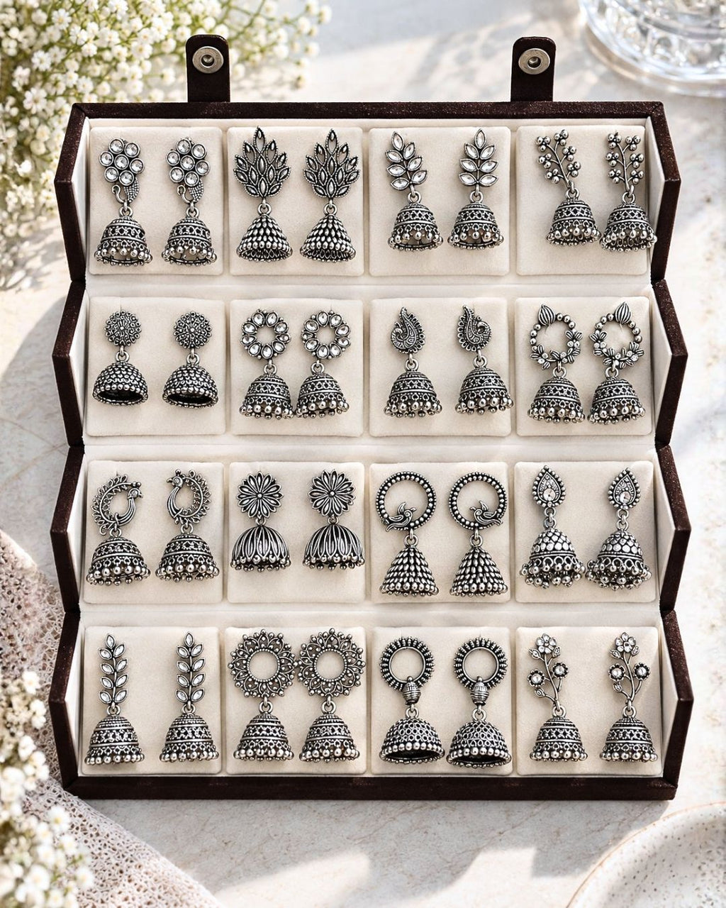 Jwelric 16 Pairs Oxidised Silver Jhumka Earrings Set