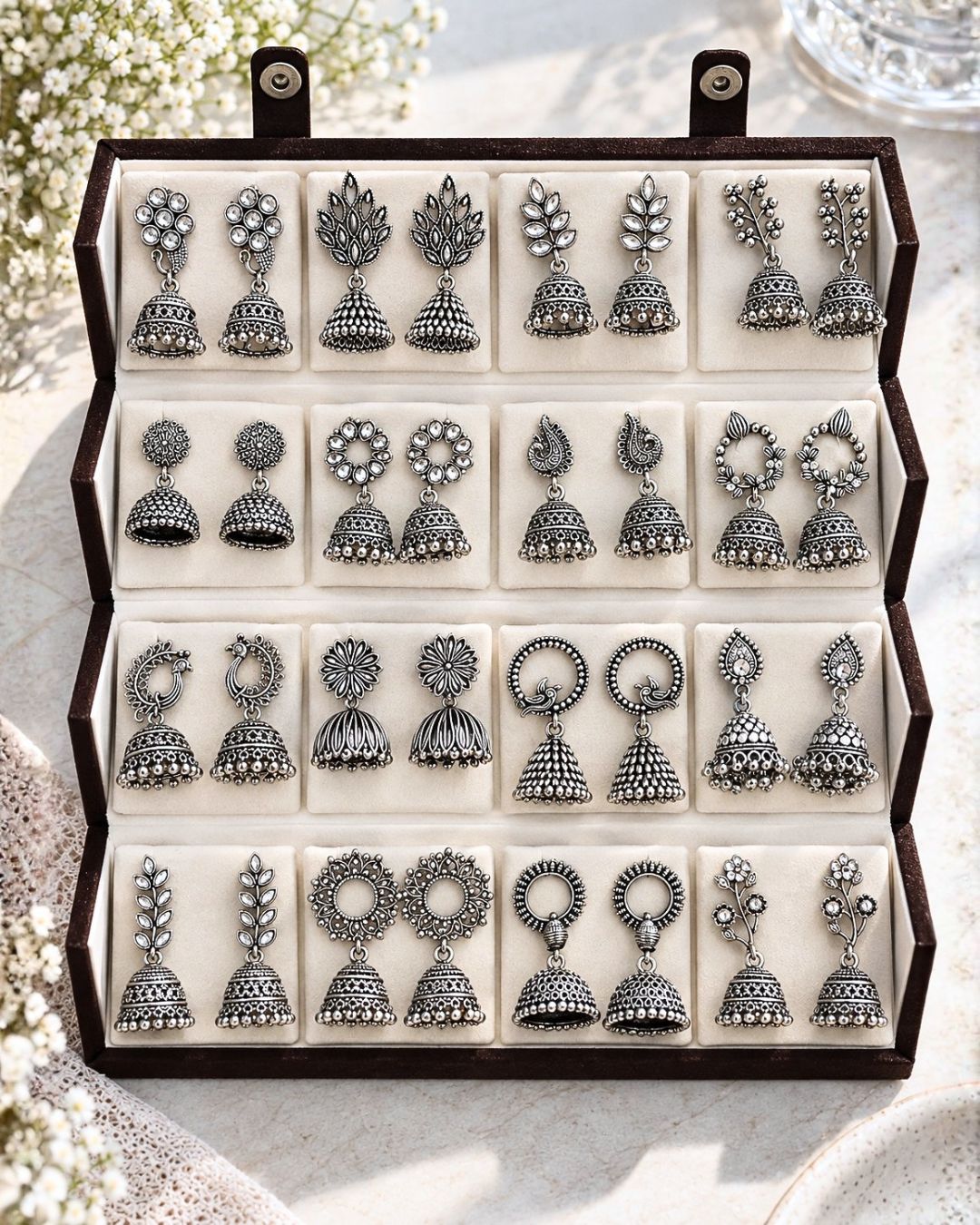 Jwelric 16 Pairs Oxidised Silver Jhumka Earrings Set