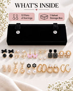 Jwelric 12 Pairs Korean Earrings Set for Women & Girls with Black Jewellery Storage Box