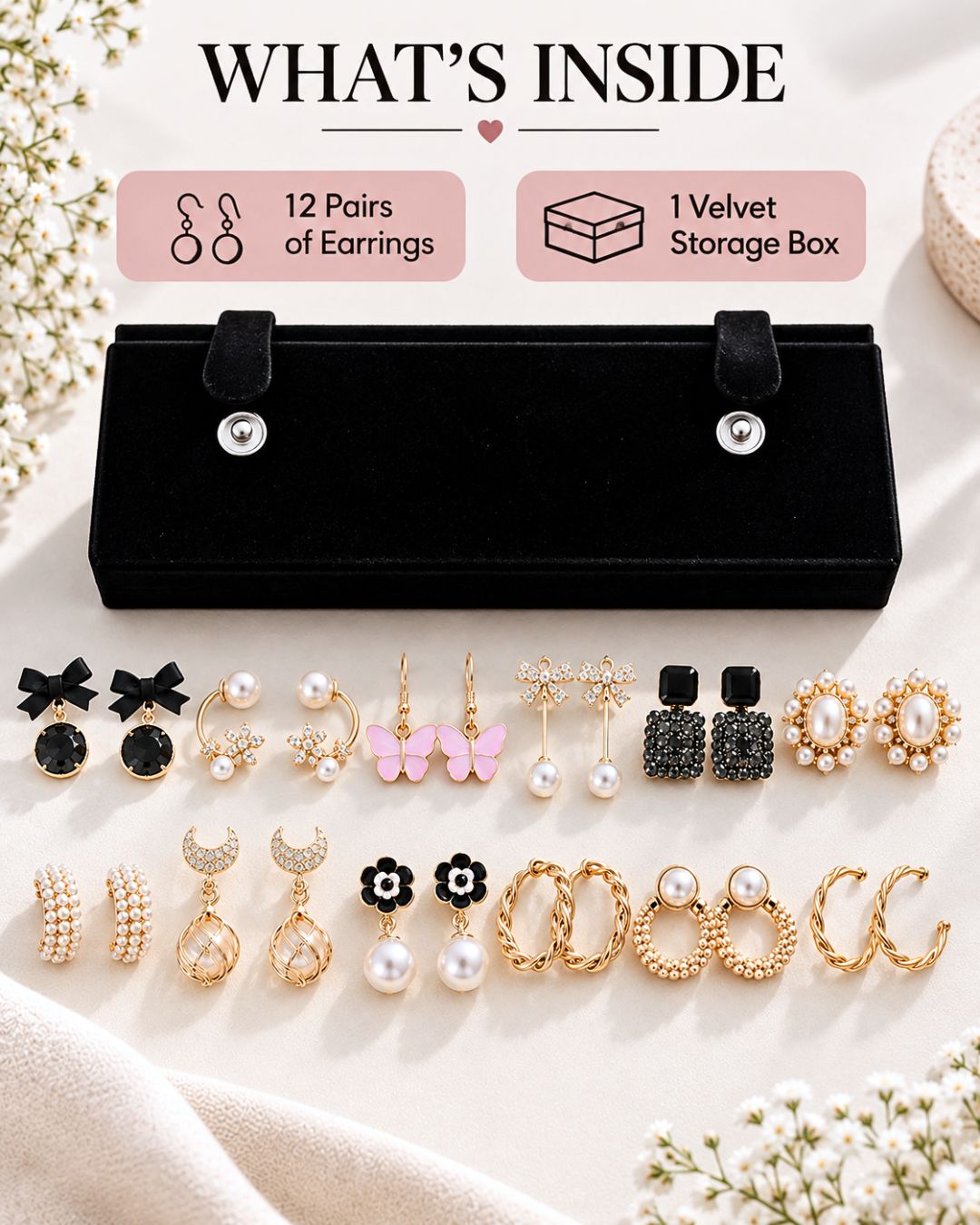 Jwelric 12 Pairs Korean Earrings Set for Women & Girls with Black Jewellery Storage Box
