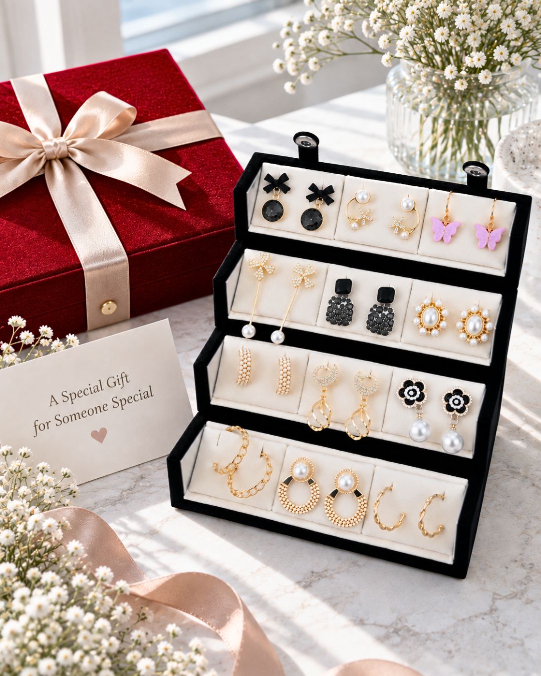 Jwelric 12 Pairs Korean Earrings Set for Women & Girls with Black Jewellery Storage Box