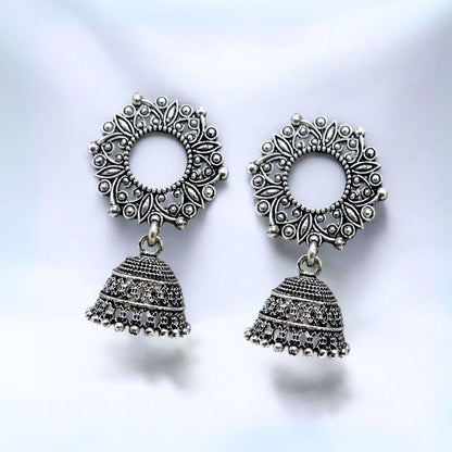 Antique Oxidised Jhumka Earrings with Floral Circle Design