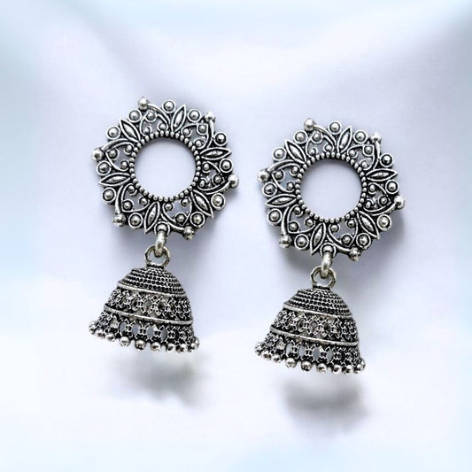 Antique Oxidised Jhumka Earrings with Floral Circle Design
