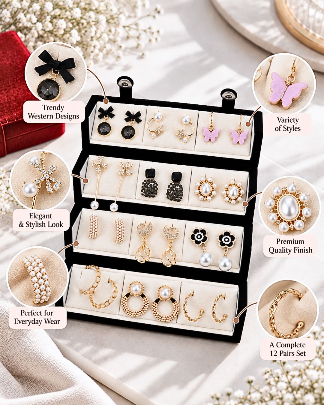 Jwelric 12 Pairs Korean Earrings Set for Women & Girls with Black Jewellery Storage Box