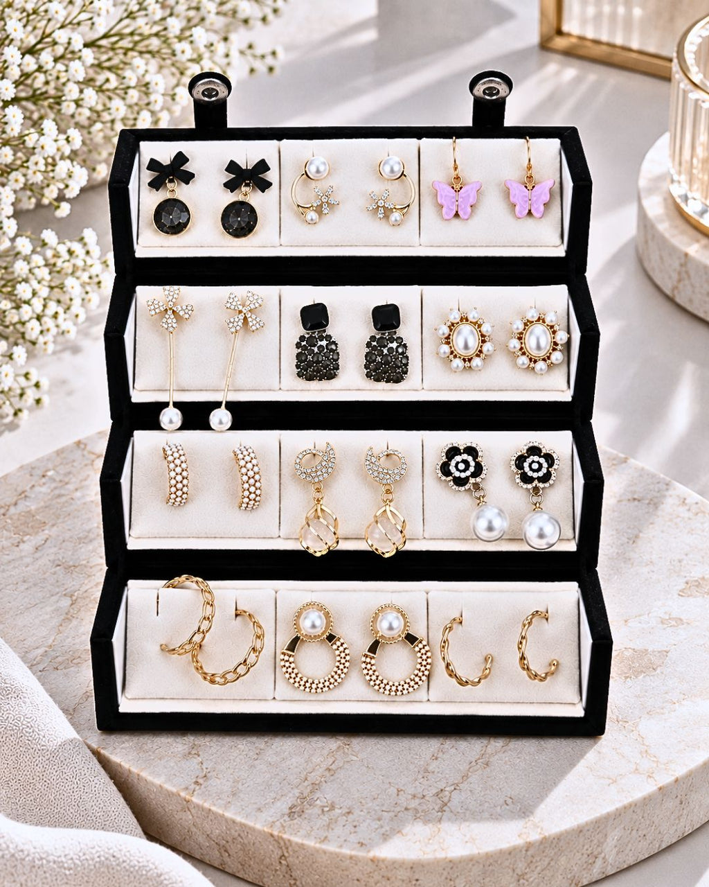 Jwelric 12 Pairs Korean Earrings Set for Women & Girls with Black Jewellery Storage Box