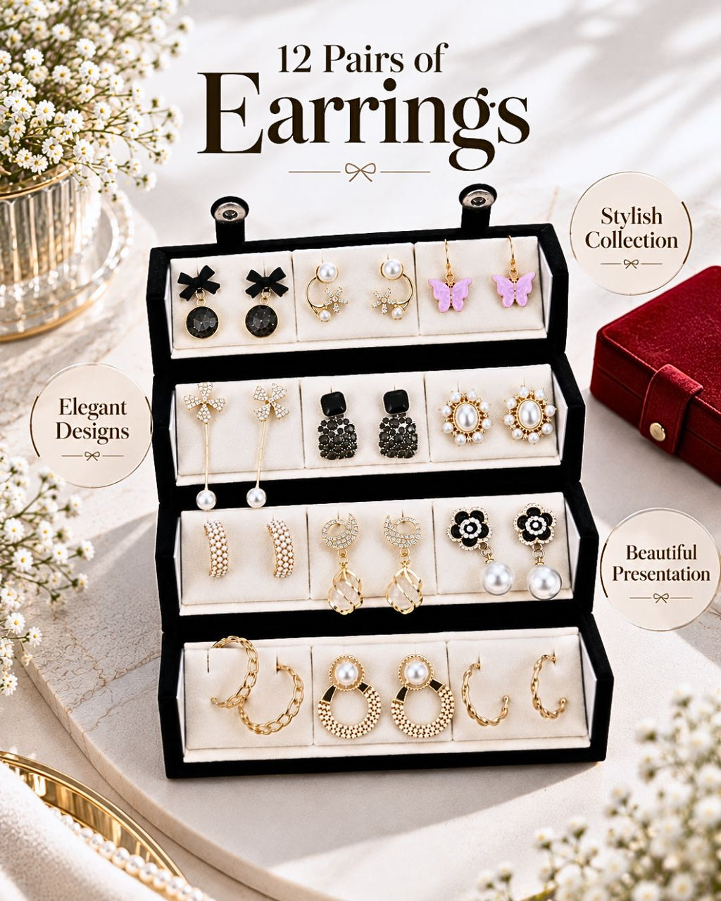 Jwelric 12 Pairs Korean Earrings Set for Women & Girls with Black Jewellery Storage Box
