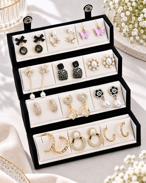 Jwelric 12 Pairs Korean Earrings Set for Women & Girls with Black Jewellery Storage Box