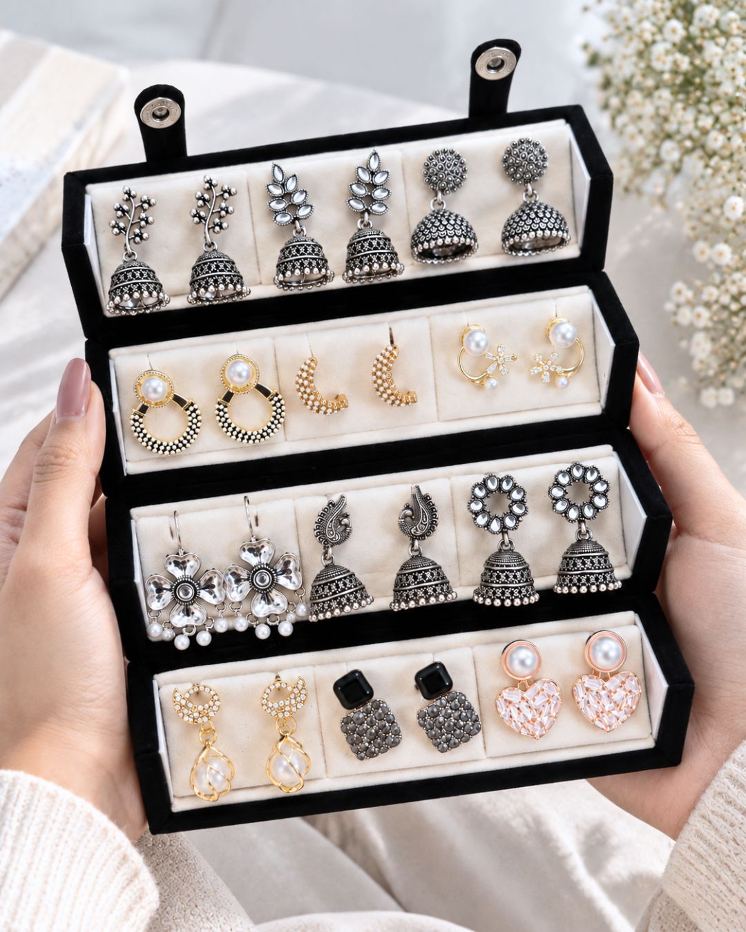 Jwelric Women’s Fashion Earrings Combo – 12 Pairs of Jhumka, Pearl & Contemporary Earrings with Black Organiser