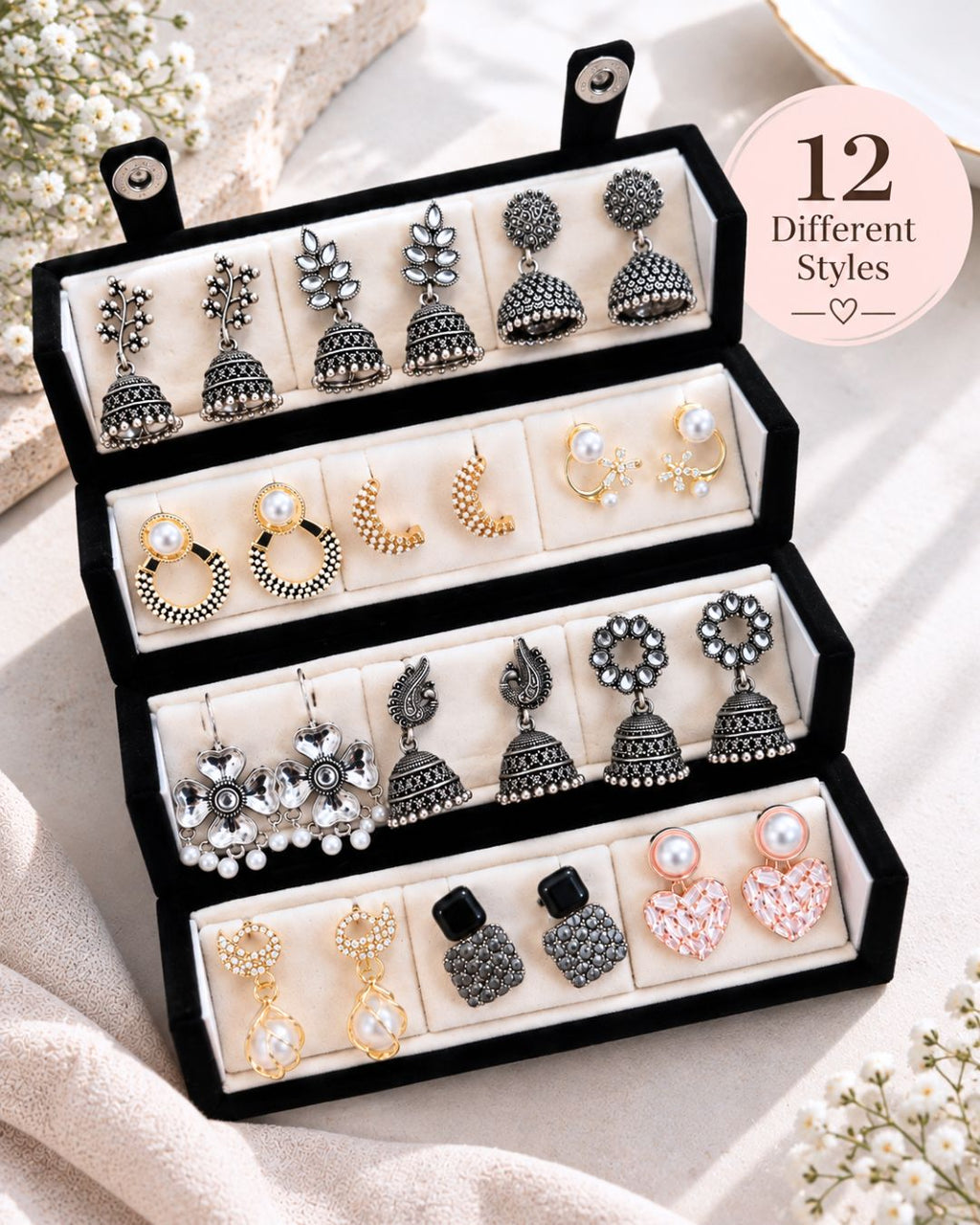 Jwelric Women’s Fashion Earrings Combo – 12 Pairs of Jhumka, Pearl & Contemporary Earrings with Black Organiser