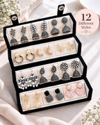 Jwelric Women’s Fashion Earrings Combo – 12 Pairs of Jhumka, Pearl & Contemporary Earrings with Black Organiser