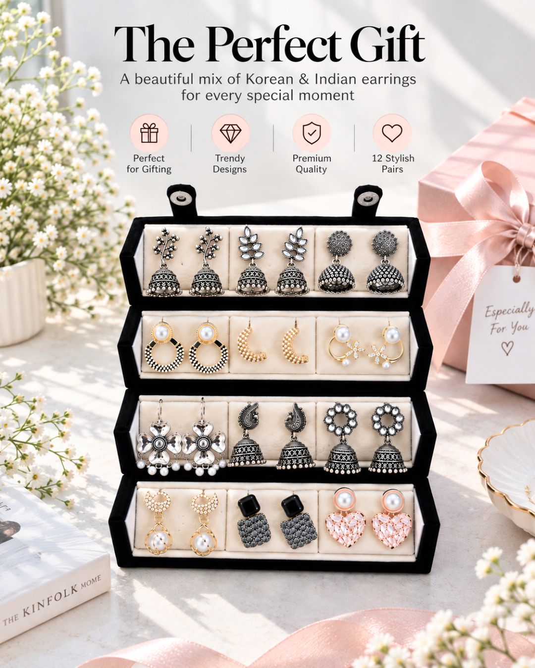 Jwelric Women’s Fashion Earrings Combo – 12 Pairs of Jhumka, Pearl & Contemporary Earrings with Black Organiser