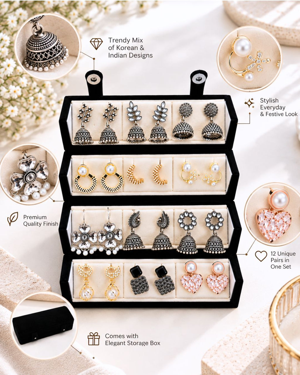Jwelric Women’s Fashion Earrings Combo – 12 Pairs of Jhumka, Pearl & Contemporary Earrings with Black Organiser